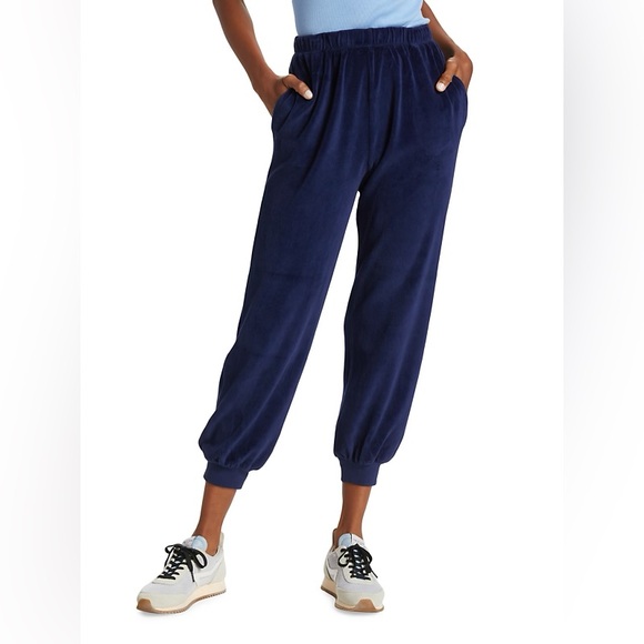 Suzie Kondi Navy Blue Patmos Pocket Track Pants in Velour - Picture 2 of 4